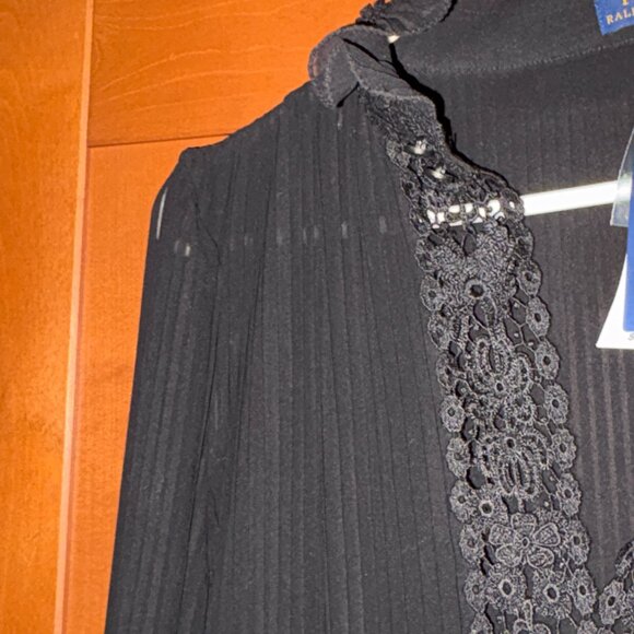 Polo Ralph Lauren Sz 14 Black Georgette Lace Trim Pleated Long Dress Chic - Picture 5 of 12